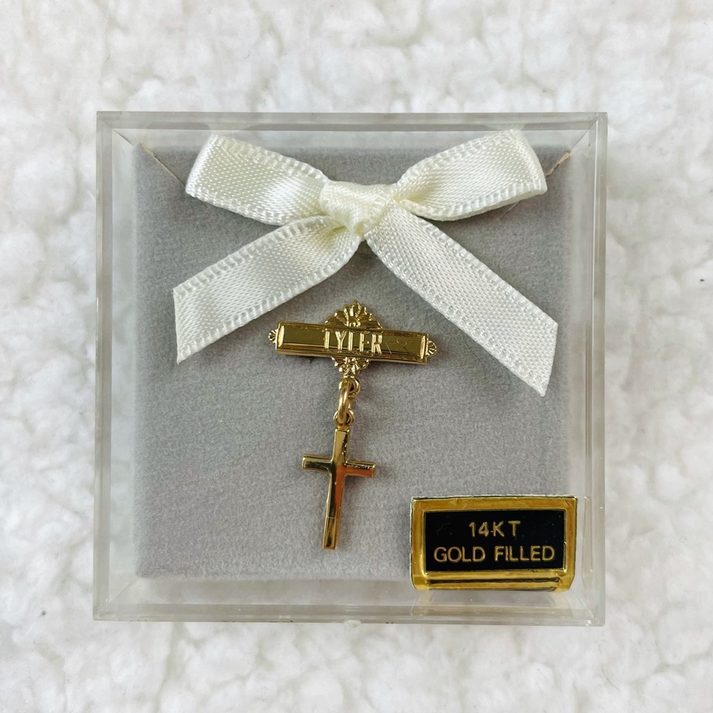 (VTG) 14K Gold Filled Tyler Name and Cross Baby Pin